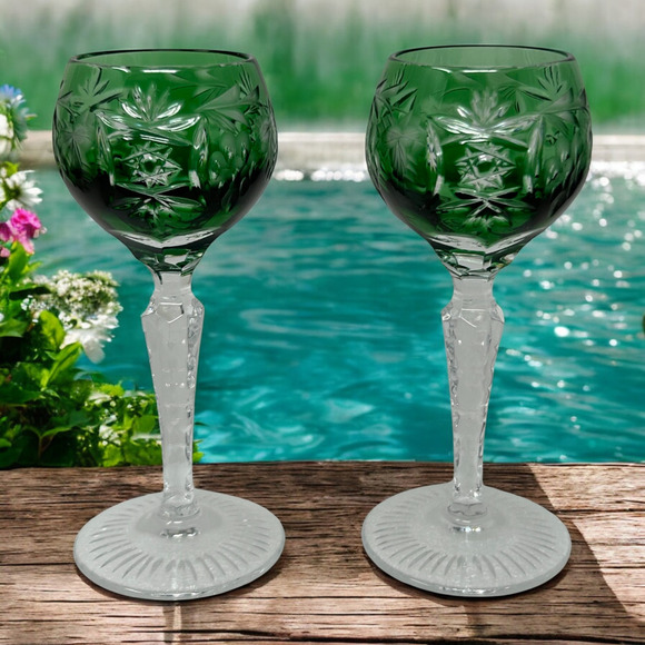 Nachtmann Other - Nachtmann Traube Emerald Green Cordial 4.75” Cut To Clear Crystal Glass Set 2